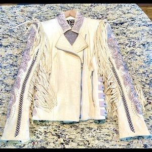 Custom leather jacket by Eleven11, cream color with Swarovski crystals & fringe